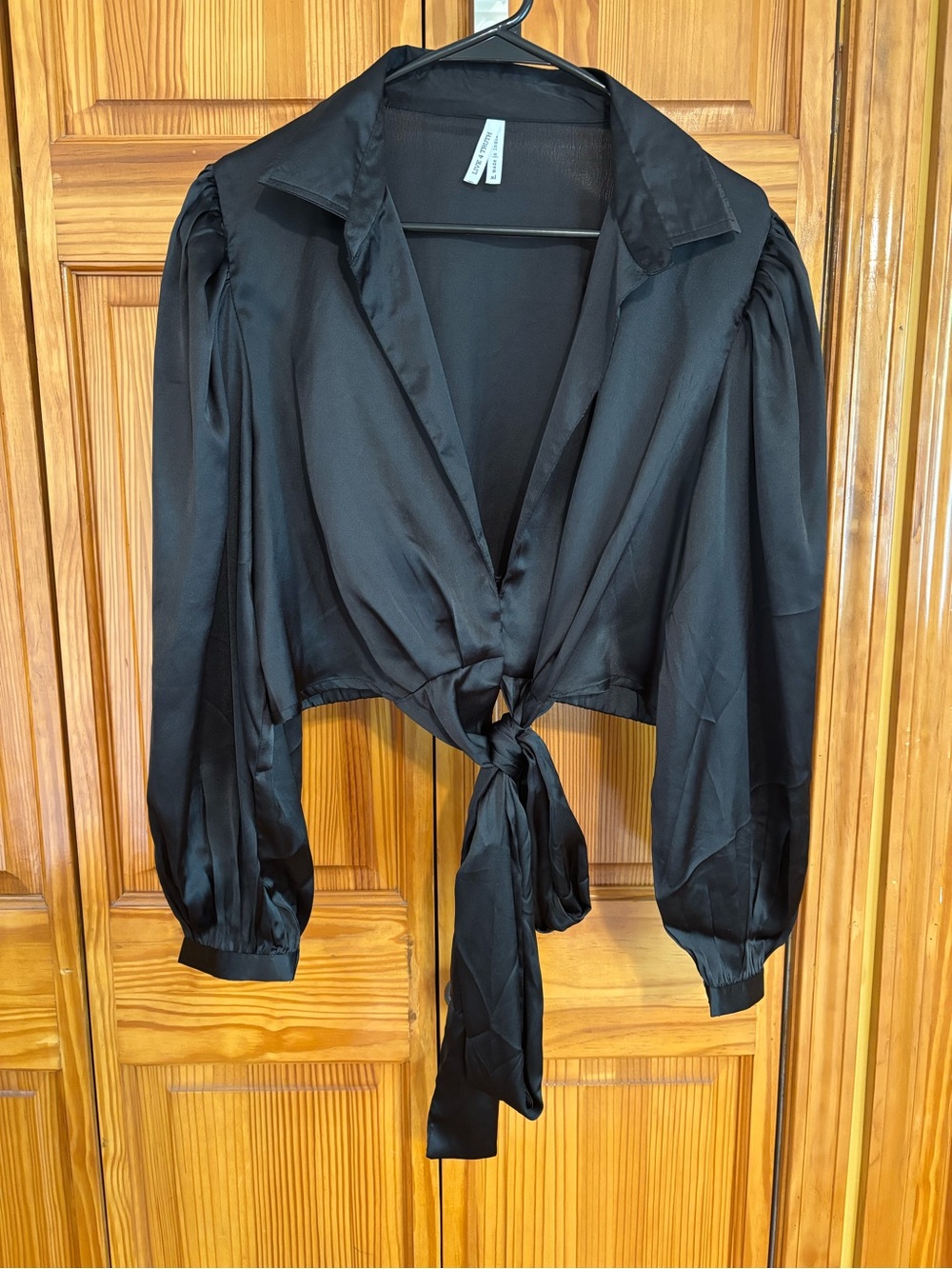 Live 4 Truth Black Satin Tie-Front Blouse with Puff Sleeves